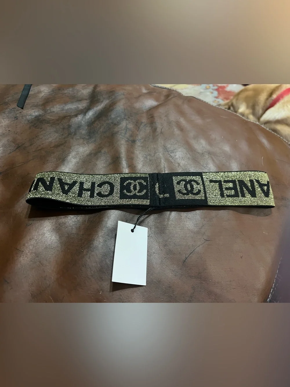 🧡 Double C Designer Metallic Gold Letter Logo Spell Out Stretch Headband